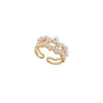 DAIIIBABYYY  -  Bling Zircon Pearl Double-layered Rings For Women Girls Vintage Exquisite Trendy Elegant Sweet Engagement Jewelry Gifts